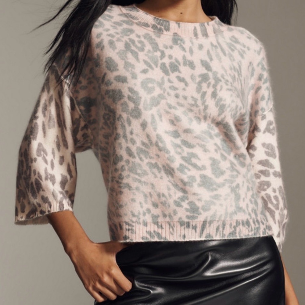 Size Small Maeve Anthropologie Brushed Cashmere Boxy Crop Sweater Cheetah Print - Picture 2 of 10